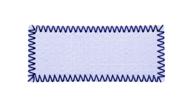 Rectangular fabric-style frame with dark blue zigzag stitching isolated on transparent background for textile, label and scrapbook design.