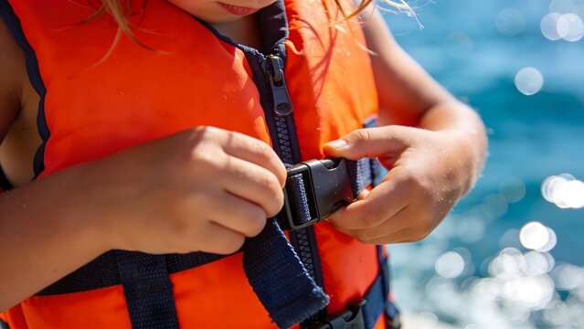 Close-up of a child's hands fastening the buckle of a bright orange life jacket, promoting water safety awareness, drowning prevention, and the importance of protective gear for sea activities.