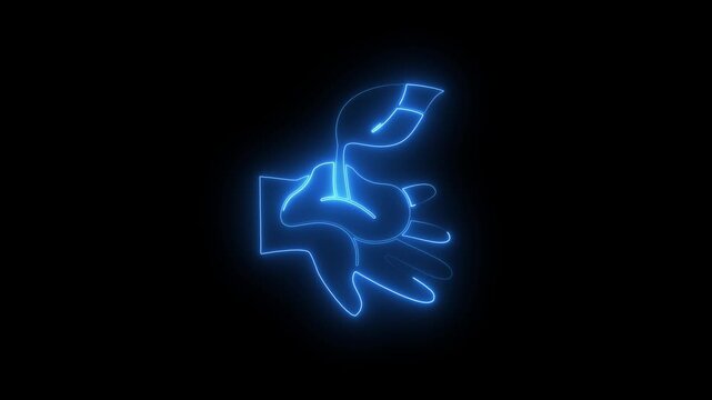 Glowing Blue Hand with Reforestation Icon Neon Sign Isolated on Black Background
