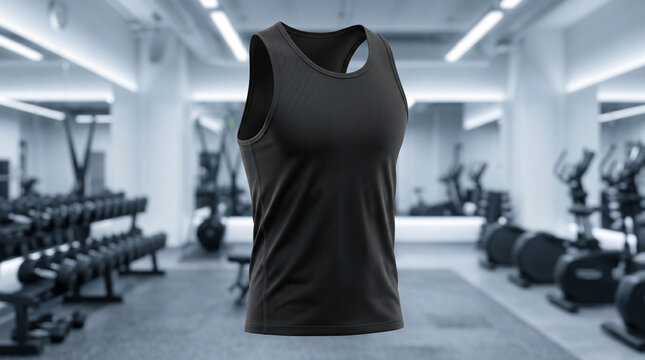 Blank black athletic tank top mockup floating in blurred gym interior