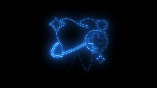 Neon Blue Tooth with Medical Cross and Sparkles on Black Background for Dental Healthcare Concepts