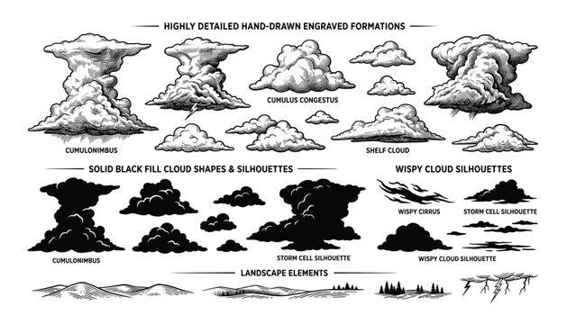 Highly detailed hand-drawn engraved cloud formations and silhouettes vector collection on transparent background for design.