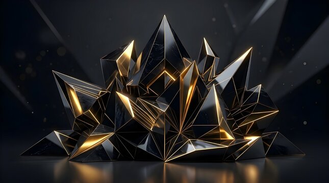Elegant Black and Gold Crystal Cluster with Sharp Geometric Facets on Dark Background