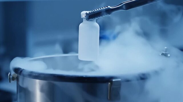 Cryogenic storage, frozen vial, liquid nitrogen, laboratory equipment, scientific research, cold storage, frosty conditions, laboratory setting