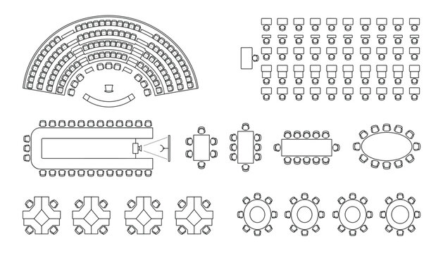 Meeting room and conference hall seating arrangements vector transparent graphic design icons.