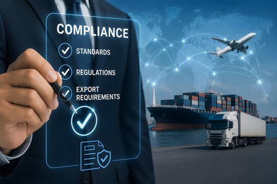 A businessman checking compliance of shipping and logistics for the concept of international trade and regulation.