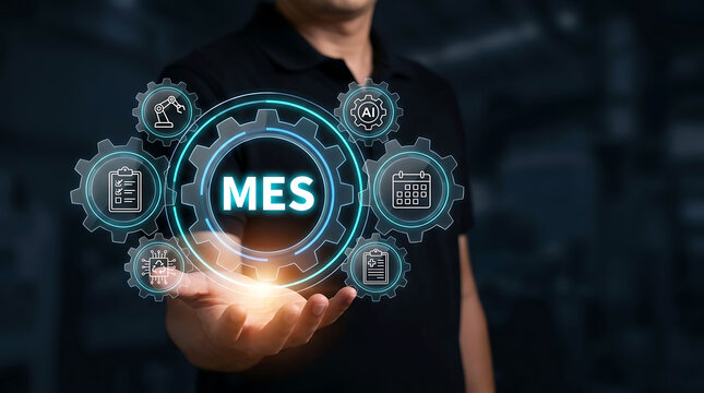 Businessman presenting MES manufacturing execution system robotic hexagon virtual icons