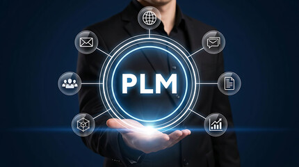 Fototapeta premium Businessman presenting PLM Product Lifecycle Management digital virtual interface concept