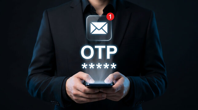 Businessman holding smartphone with OTP code message notification security concept