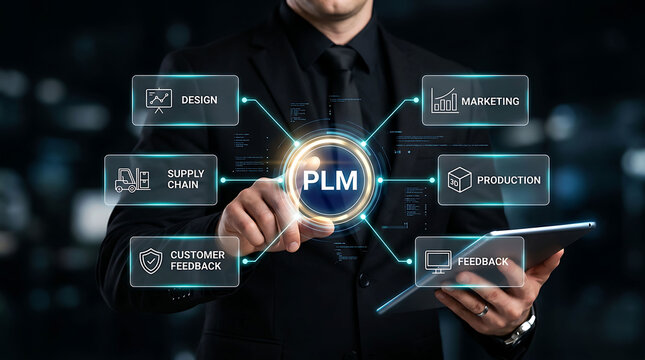 Businessman drawing PLM Product Lifecycle Management gear virtual interface concept