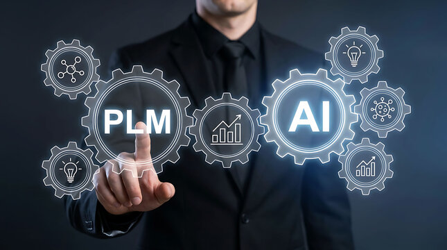 Businessman touching PLM and AI product lifecycle management artificial intelligence