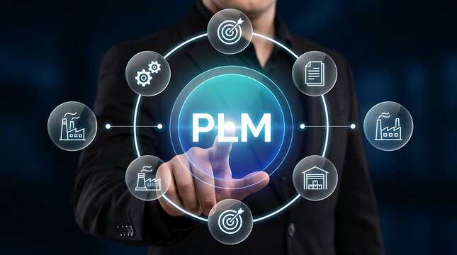 Businessman touching PLM and AI product lifecycle management artificial intelligence