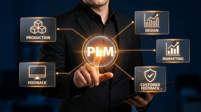 Businessman touching PLM and AI product lifecycle management artificial intelligence
