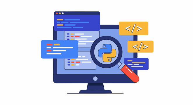 Computer screen displays code snippets with a magnifying glass focusing on Python