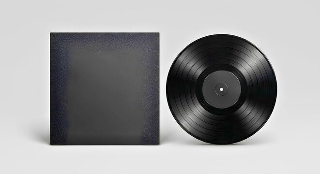 Blank black vinyl record sleeve with LP record mockup - Vintage music album cover template - Minimalist retro object flat lay