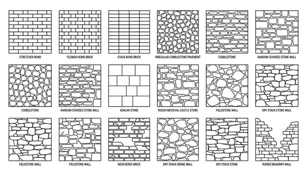 Collection of various brick and stone wall texture patterns vector including stretcher bond flemish bond stack bond ashlar random coursed rough medieval fieldstone dry stack weathered transparent.