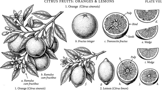 Citrus fruits oranges and lemons vector illustration plate with ramulus fructus integer transectio fructus wedge rind seeds transparent background.