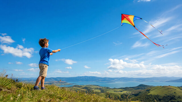 A joyful child flying a colorful kite on a sunny day, showcasing happiness and the beauty of outdoor activities.