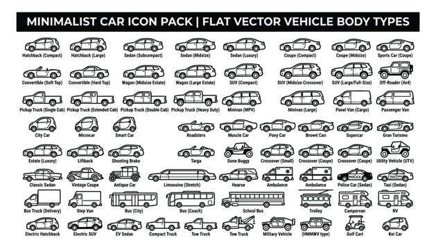 Minimalist car icon pack vector set of flat vehicle body types such as hatchback sedan coupe suv pickup truck minivan and more.