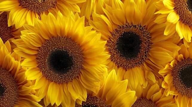 Cinematic macro shot of vibrant yellow sunflowers with gently rippling petals