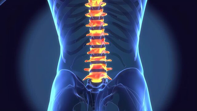 Medical 3d render animation of human spine anatomy highlighting vertebrae