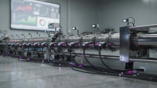 Medium shot of a smart extrusion line with networked sensors displaying realtime temperature and pressure data on a cloud dashboard for remote monitoring