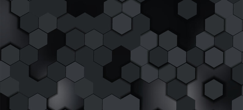 Abstract dark hexagon geometry background. 3d illustration of simple primitives with six angles in front.