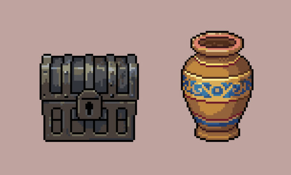 Pixel art of RPG game UI elements with old iron treasure chest and ancient ceramic vase, perfect for dungeon crawler looting game design