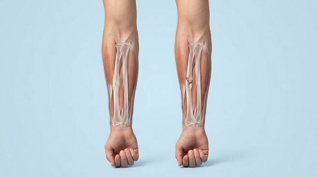 Medical illustration comparing a healthy forearm with a fractured bone showing radius and ulna anatomy and muscle structure