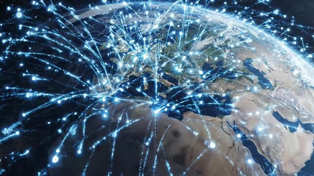 Global Network Connections, Earth Map, Digital Lines, Futuristic Technology, World Communication