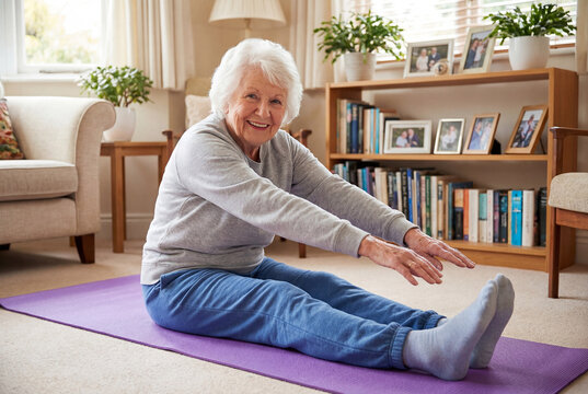 An elderly woman practices yoga in a cozy room, looks into the camera, and smiles
