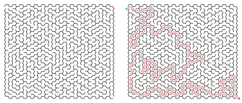 Rectangle hexagonal maze with solution. Classic rectangular labyrinth with hex cells, black and white flat vector puzzle