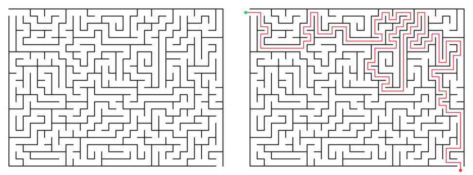 Rectangle shaped labyrinth with answer. Classic rectangular maze puzzle, black and white flat vector logic game