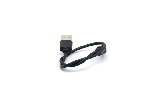 A black USB cable on a white background. A USB cable for data transfer.