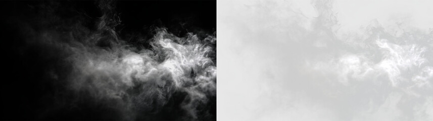 Gray smoke swirl moves in the air with soft light shining through in an isolated design, PNG with a light overlay © Liubov