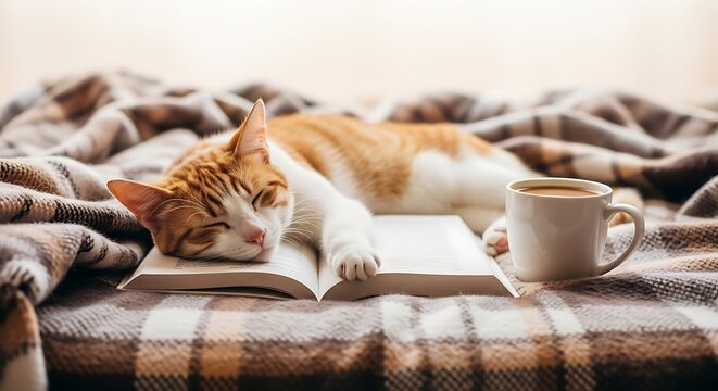 Sleeping ginger cat resting on cozy plaid blanket with morning coffee mug