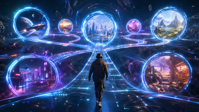 A surreal journey through portals showcasing diverse futuristic landscapes and cities, blending imagination and technology.