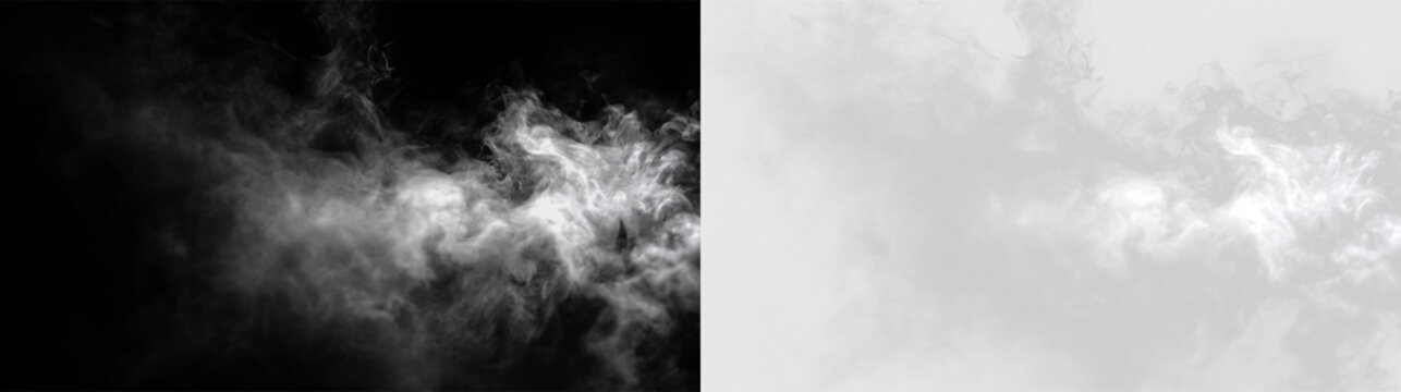 Gray smoke swirl moves in the air with soft light shining through in an isolated design, PNG with a light overlay
