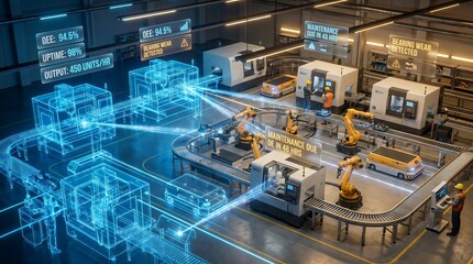 Fototapeta premium Smart factory digital twin industrial manufacturing floor with robotic assembly lines CNC machines and real time data synchronization holographic interface showing Industry 4.0 automation system