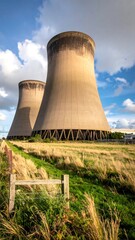 Fototapeta premium A serene landscape featuring two large, brown cooling towers standing tall amidst a lush green field under a partly cloudy blue sky