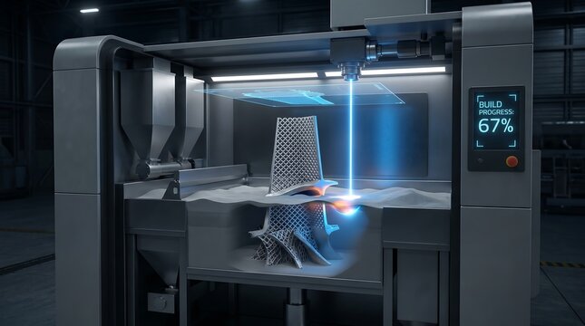 Industrial Metal Additive Manufacturing Machine Cross-Section Showing Laser Sintering 3D Printing Process with Aerospace Component Build Chamber and Layered Metal Structure