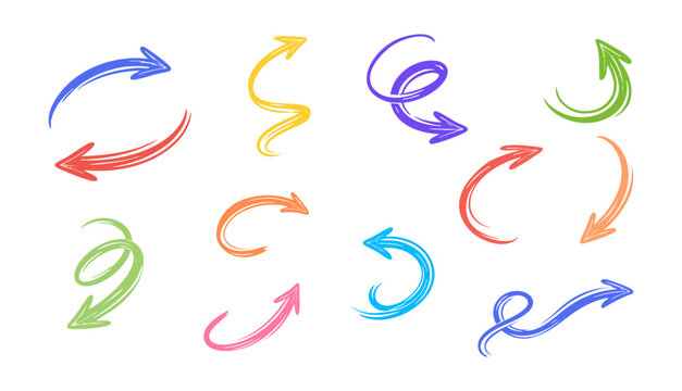 Colorful  hand drawn arrow set with sketch style curved direction signs and doodle. Vector illustration. 