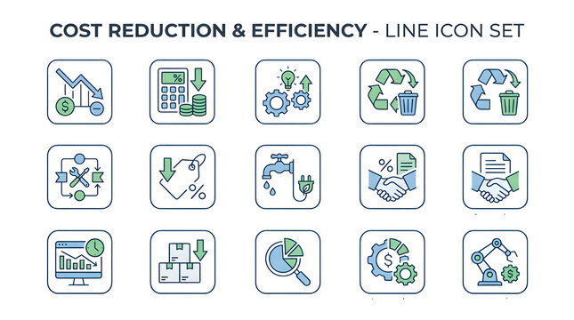 Cost reduction and efficiency line icon set for business productivity isolated on a transparent background