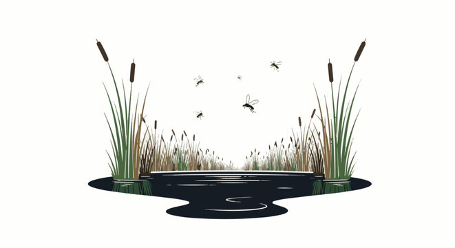 A serene marsh scene with cattails and buzzing insects over dark water