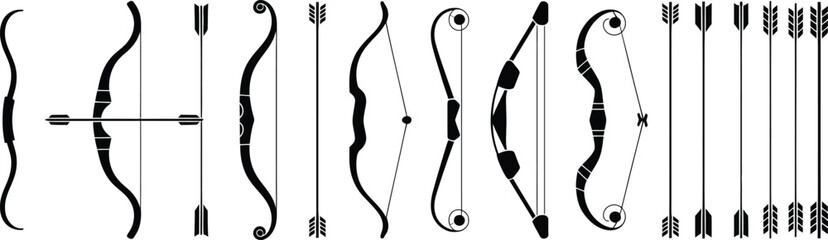 Fototapeta premium bow comparison set of archery silhouettes arrows and parts