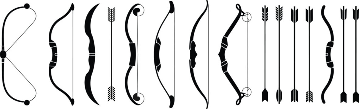 bow collection vector icons arrows nocked drawn horizontal