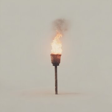 A solitary torch stands tall with a vibrant flame burning brightly on a plain background