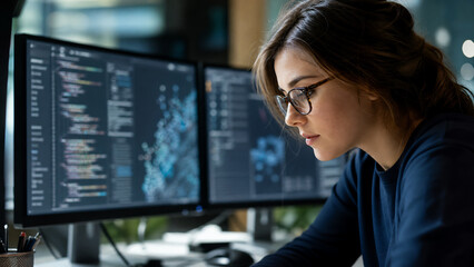 Fototapeta premium Focused woman working on computer coding in a modern office environment. Technology and innovation driving the future.
