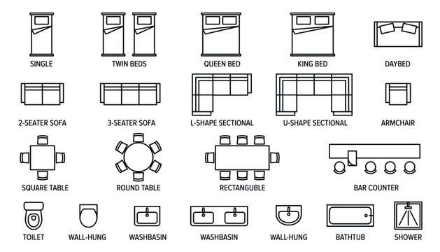 Minimalist furniture line art vector asset sheet with top down and side view drawings of beds seating and tables.