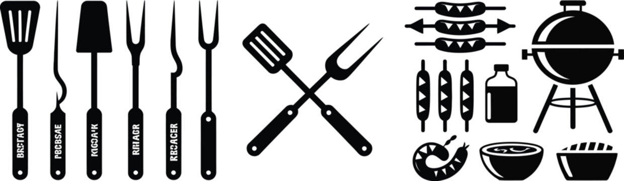 grill tools spatula fork brush and skewers barbecue icon collection